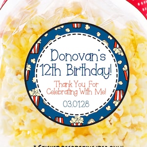 Movie Popcorn Birthday Party Stickers, Movie Birthday Decorations, Movie Party Favors, Movie Night Party Favor Tags