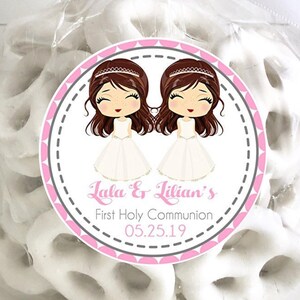 Girl Twins First Holy Communion Favor Tags or Sticker Labels, Twins Communion Stickers, Twin Girls Communion Labels