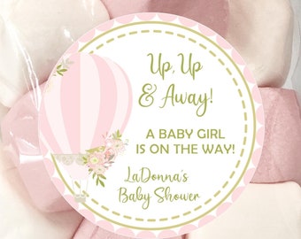 Pink Hot Air Balloon Baby Shower Stickers, Purple Hot Air Balloon Birthday Stickers, Hot Air Balloon Shower Gift Tags