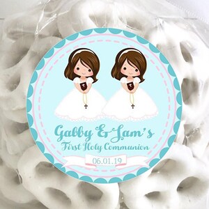 Aqua Girl Twins First Holy Communion Favor Tags or Sticker Labels, Aqua Twins Communion Stickers, Twin Girls Communion Labels