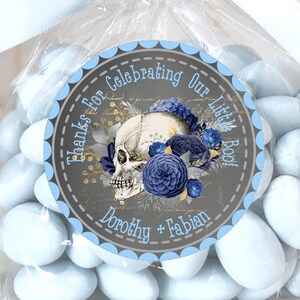 Boys Blue And Black Gothic Skull Halloween Baby Shower Sticker Labels