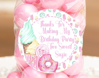Girls Pastel Two Sweet Birthday Party Stickers or Favor Tags, Two Sweet Birthday Decorations, Two Sweet Party Favors