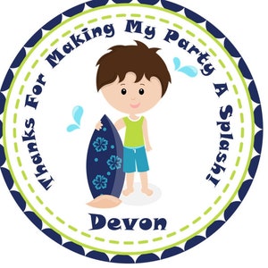 Boys Surfing Birthday Party Sticker Labels, Surfing Party Decorations For Boys