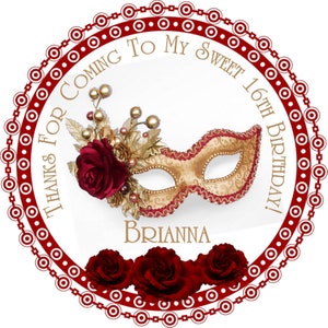 Red & Gold Maquerade Party Favor Sticker, Red Masquerade Ball Birthday Party Sticker Labels