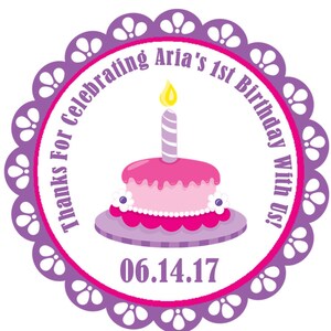 Girls First Birthday Favor Sticker, 1st Birthday Favor Label, Pink & Purple 1st Birthday Party Decorations For Girls