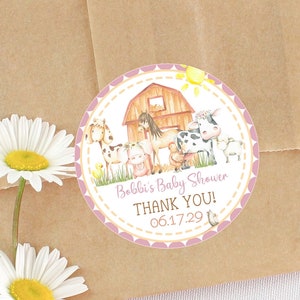 Girls Pastel Farm Barnyard Animals Baby Shower Favor Stickers or Favor Tags, Farm Baby Shower Favor Tags, Barnyard Baby Shower