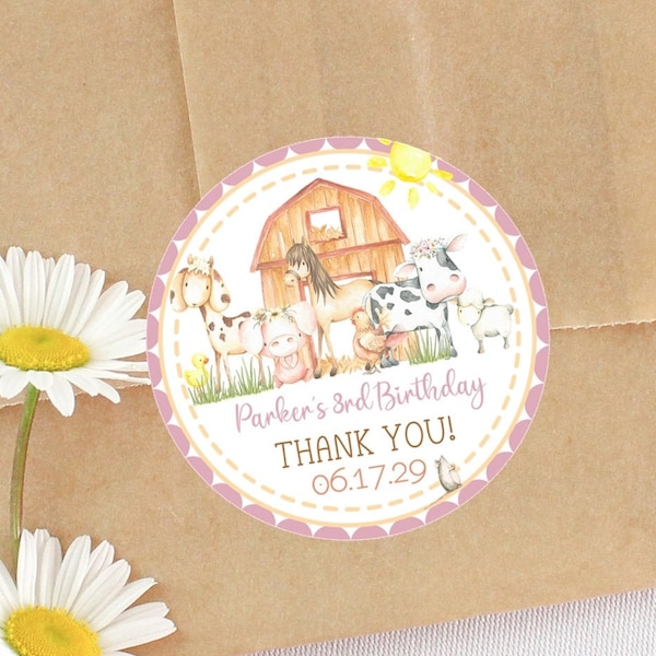 Girls Barnyard Farm Birthday Party Stickers, Farm Animals Party Favor Tags, Pastel Barnyard Birthday Party Stickers