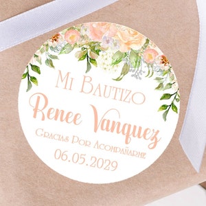 Peach Floral Spanish Baptism Favor Tag, Spanish Baptism Stickers For Girls