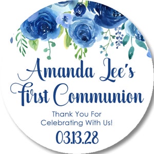 Blue Floral Holy Communion Favor Tag, First Holy Communion Sticker Label, First Holy Communion Supplies, Communion Decor