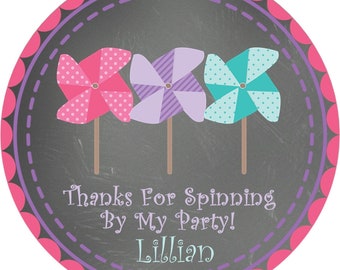 Pinwheel Birthday Party Stickers or Favor Tags, Pinwheel Birthday Party Decorations