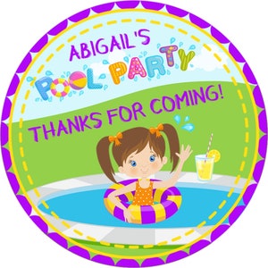 Girls Pool Party Stickers, Pool Birthday Party Favor Tags For Girls