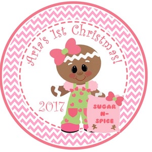 Girls Pink And Green Gingerbread Christmas Sticker Labels Or Gift Tags