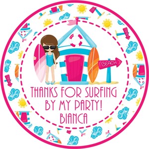Girls Surfing Birthday Party Stickers or Favor Tags, Girls Surfing Birthday Decor, Girls Surfing Party Favors