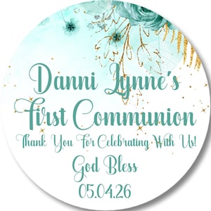 Girls Aqua & Gold Holy Communion Favor Tag, First Holy Communion Sticker Label, First Holy Communion Supplies, Girls Communion Decor
