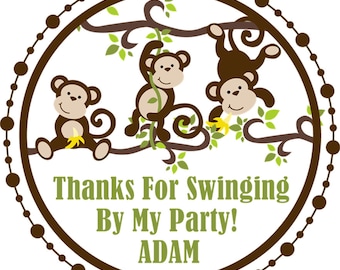 Boys Jungle Monkey Birthday Party Stickers, Monkey Birthday Favor Tags For Boys