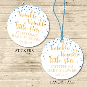 Boys Twinkle Little Star Baby Shower Favor Stickers or Favor Tags, Twinkle Little Star Baby Shower Favors For Boys