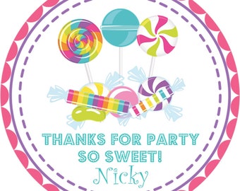 May include: Round pink and purple favor tag with a white background. The tag features colorful candy illustrations and the text "Thanks for party so sweet! Nicky".
