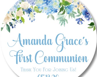 Girls Blue Floral Holy Communion Favor Tag, First Holy Communion Sticker Label, First Holy Communion Supplies, Girls Communion Decor