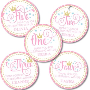 Pink and Gold Princess Birthday Party Stickers, Princess Birthday Favor Tags, Princess First Birthday Favors For Girls Ages 1-5