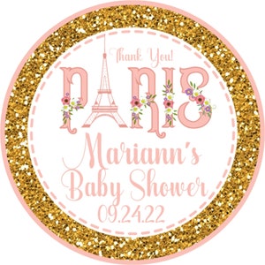 Pink & Gold Paris Baby Shower Favor Tags, Pink and Gold Paris Baby Shower Sticker Labels