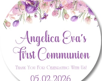 Girls Pink & Purple First Communion Favor Tag, First Holy Communion Sticker Label, First Communion Supplies, Girls Communion Decor