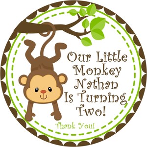 Boys Jungle Monkey Birthday Party Stickers, Monkey Birthday Favor Tags For Boys