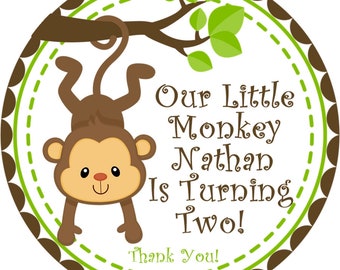 Boys Jungle Monkey Birthday Party Stickers, Monkey Birthday Favor Tags For Boys
