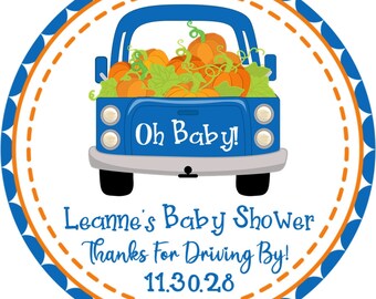 Boys Blue Vintage Truck Fall Pumpkin Baby Shower Favor Stickers or Favor Tags, Fall Pumpkin Baby Shower Favors For Boys