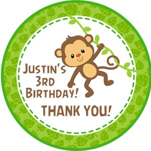 Boys Jungle Monkey Birthday Party Stickers, Monkey Birthday Favor Tags For Boys