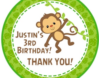Boys Jungle Monkey Birthday Party Stickers, Monkey Birthday Favor Tags For Boys