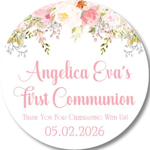 Girls Pink Floral Holy Communion Favor Tag, First Holy Communion Sticker Label, First Holy Communion Supplies, Girls Communion Decor