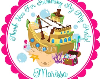 Girls Under The Sea Birthday Favor Sticker, Sunken Treasure Birthday Favor Label, Treasure Chest Birthday Party Decorations