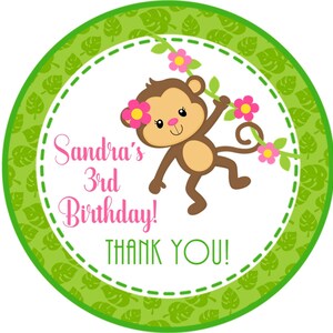 Girls Pink Jungle Monkey Birthday Party Stickers, Monkey Birthday Favor Tags For Girls