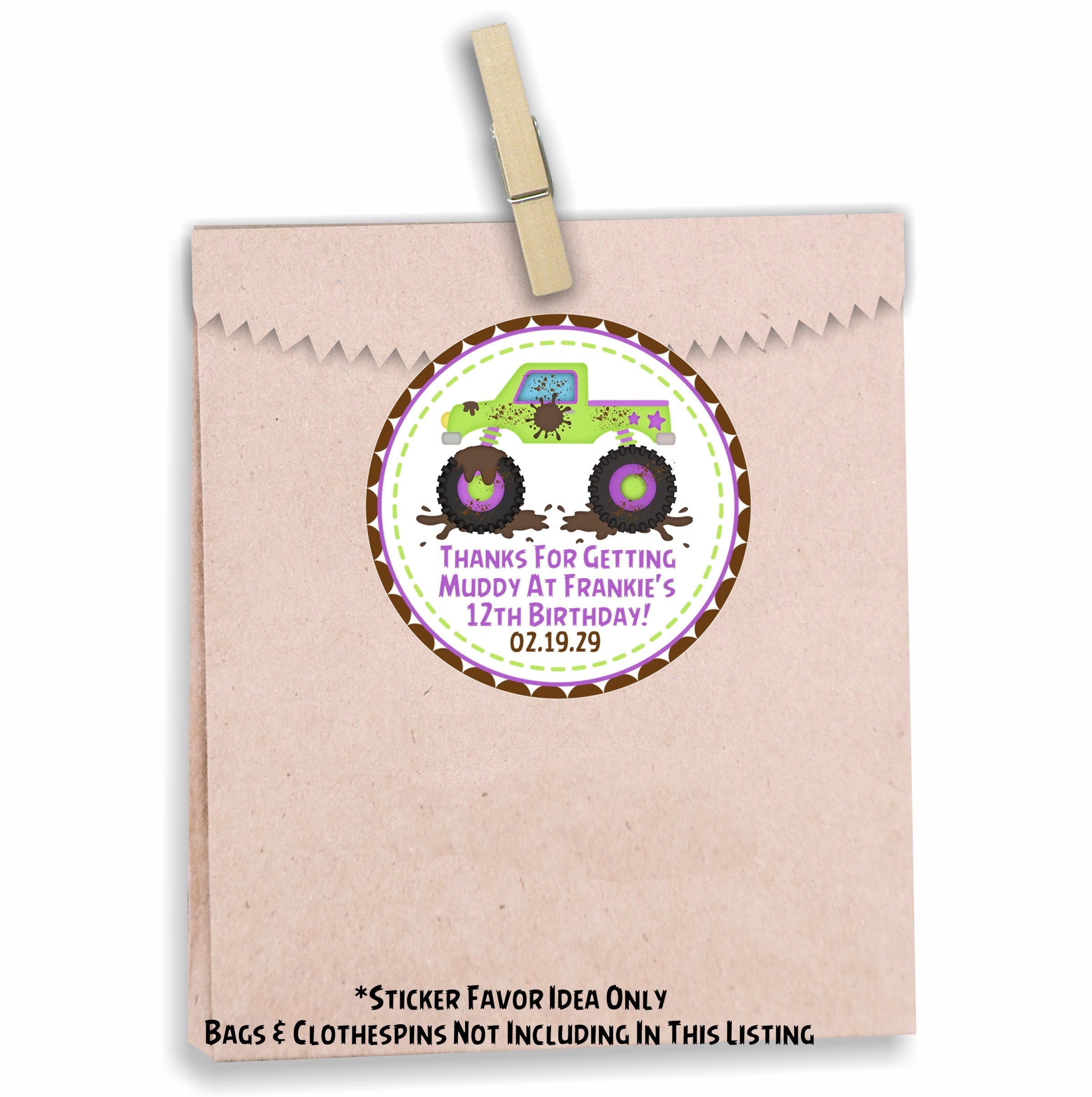 Muddin Sticker Mudding Monster Truck Birthday Party Stickers, Mudding Party Favor Tags ...