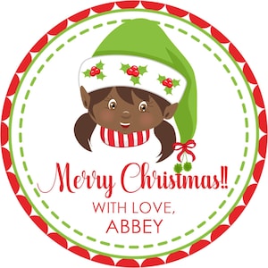 Girls African American Elf Christmas Sticker Labels