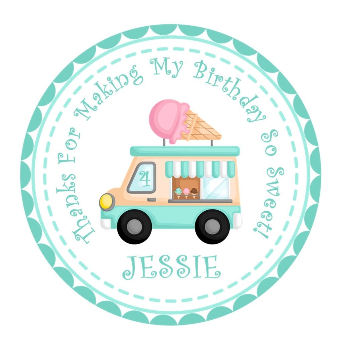 Ice Cream Birthday Cake Favor Sticker Pink & Mint Birthday Etsy