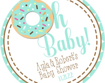Mint Gender Neutral Oh Baby Donut Baby Shower Sticker Labels, Donut Baby Shower Favors