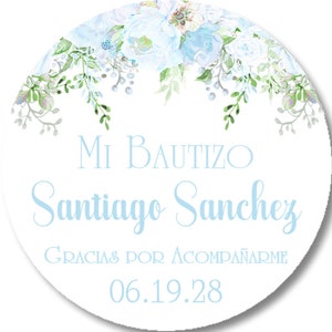 Blue Floral Spanish Baptism Favor Tag, Spanish Baptism Stickers