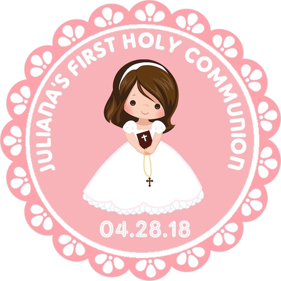 First Communion Stickers Printed Communion Tags Maura Girl Communion First Holy Communion Favor Tags First Communion Favor Labels Pink