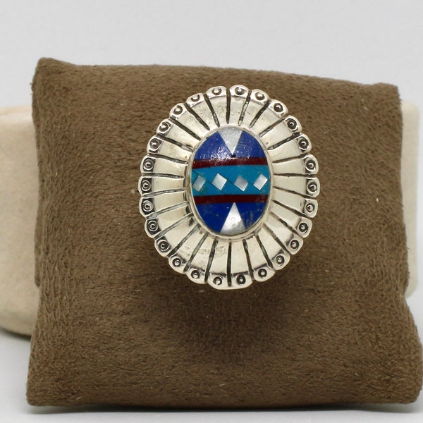 925 Silber Ring Oval Lapis Lazuli Perlmutt Mosaik Steine Indianer Schmuck 70er Jahre Vintage