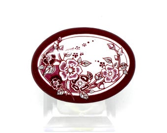 Michaela Frey Brooch Floral Oval Burgundy White Fire Enamel Austria Vienna Enamel Manufactory