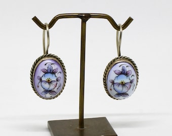 Russische Ohrringe Hänger Emaille Malerei Blumen Floral Silberfarbe Unikat Wertig Edel
