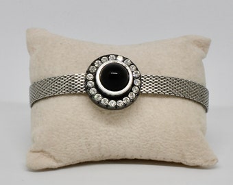 Edelstahl Armband Silberfarbe mit Wechselkopf zum drehen Kristalle schwarzer Kunststoff Damenarmband Modern