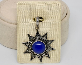 925 Silber Anhänger Sonne Stern mit Stein Lapis Lazuli  Edelstein Blau 70er Jahre wuchtig Auffällig Geschenk Damen