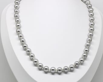 Pearl necklace shell core silver grey knotted box lock silver crystals festive wedding jewelry