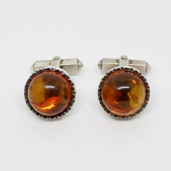 Antique cufflinks 830 silver round with amber 60s… - image 3