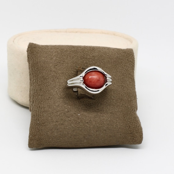 Vintage ring 835 silver oval stone coral red G&W … - image 1