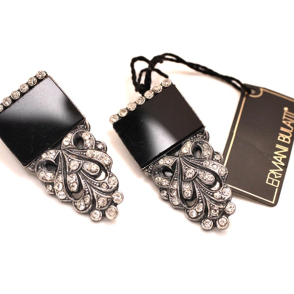 Ermani Bulatti clip on earrings rhinestones and black plastic silver color art deco style high quality designer