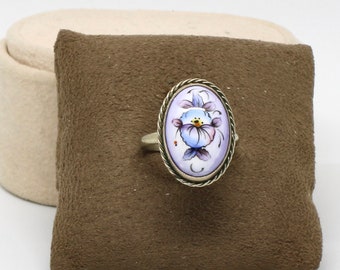 Russian Enamel Painting Ring Oval Flowers Silver Color Cord Pattern Unique Timeless