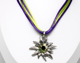 Traditional pendant edelweiss silver colour purple neon green crystals fabric ribbon folk festival ladies
